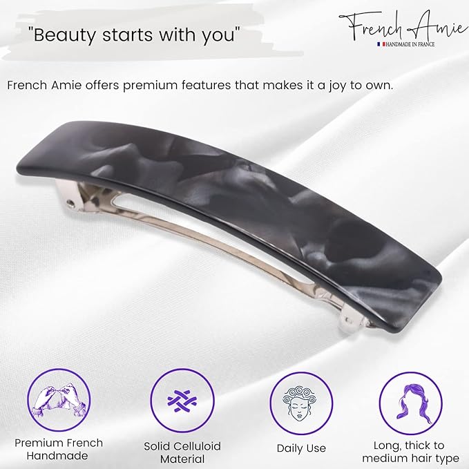 French Amie Oblong Handmade 3.5" Celluloid Hair Barrette Clip Women Hair Accessories, Made in France (Black Finish)