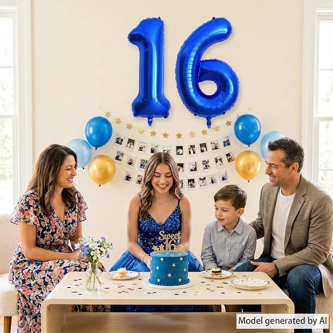 Navy Blue Number 16 Balloon 40 Inch, Shiny Foil Sweet 16 Party Supplies | Deep - Image 6