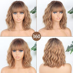 MISSQUEEN Short Blonde Wig with Bangs Synthetic Curly Wavy Ombre Blonde Wigs for Women Bob Wavy Wig Daily Use