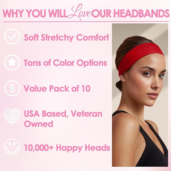 Styla Hair Headbands for Women Stretch Fashion Head Bands 10 Pack Non-Slip Head Wraps Great for Spa, Sports, Yoga, Pilates, Running, Gym Headband, Workouts - Red