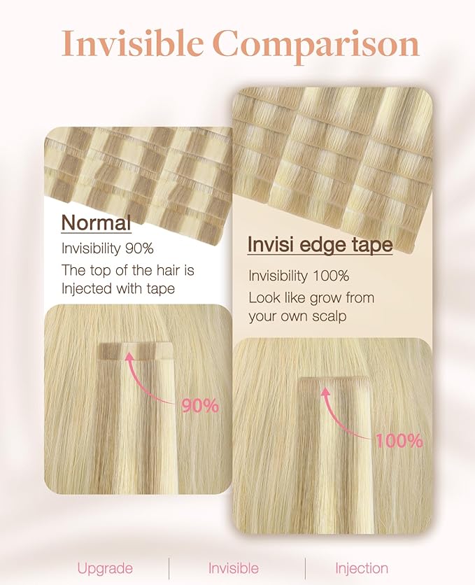 GOO GOO Invisi Edge Tape in Hair Extensions Human Hair, 18A/613A Dark Blonde Highlighted Bleach Blonde 20pcs injected with 20pcs classical tape ins, 12inch 80g, Virgin Remy Hair, Natural Look