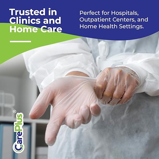 CARE PLUS Vinyl Gloves Clear Medium Size 200 Count | Heavy Duty, Non-Sterile, Powder-Free, Latex-Free Rubber | Food Prep, Kitchen & Cleaning Gloves, Ideal for Professional Use