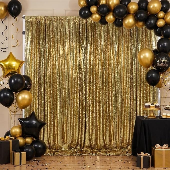 Black Gold Sequin Backdrop Curtains 4 Pcs 2ftx8ft Glitter Shimmer Fabric | - Image 2