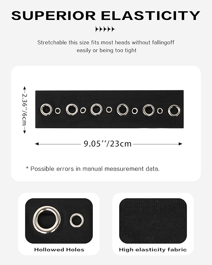 Grommet Headband for Women, Black Circle Studs 23cm Hollow Out Elastic Hair Band, Eyelets Punk Grunge Stylish Hairband