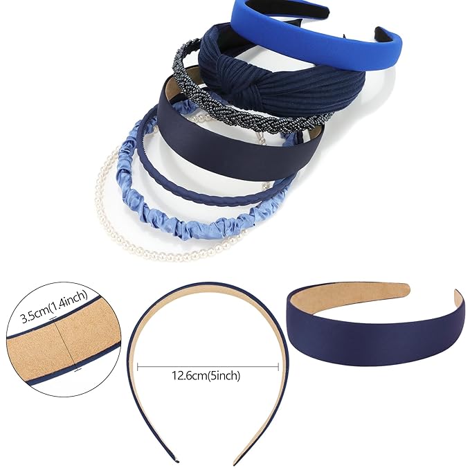 VELSCRUN Headbands for Women 7 Pcs Different Navy Blue Knotted Solid Pearl Head Bands Non Slip Hair Band for Womens Gilrs Thin Thick Short Hair Fashion Accessories