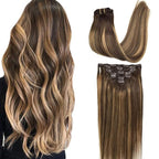 GOO GOO Clip in Hair Extensions Real Human Hair, Remy Human Hair Extensions Clip ins for Women, Natural Human Hair, 26inch 135g 7Pcs, 4/27/4 Balayage Chocolate Brown to Caramel Blonde