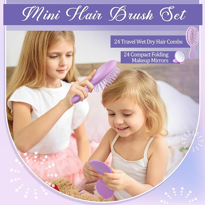 Meanplan 48 Pcs Mini Hair Brush Set 24 travel Wet Dry Hair Combs Pocket Detangling 24 Compact Folding Makeup Mirrors for Spa Sleepover Birthday Bridal Shower Bachelorette Christmas Party Gift(Purple)