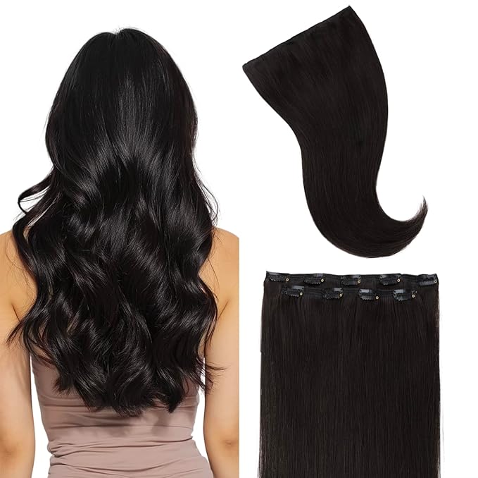 GOO GOO Clip in Hair Extensions Real Human Hair, Remy Human Hair Extensions Clip ins for Women, Natural Human Hair, 18inch 70g 2Pcs, #1B Natural Black