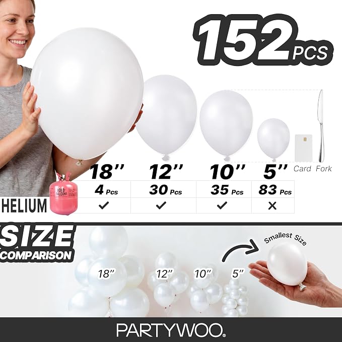 PartyWoo Pearl White Balloons 152pcs Metallic White Color 5 Inch | 18 12 10 5 - Image 6