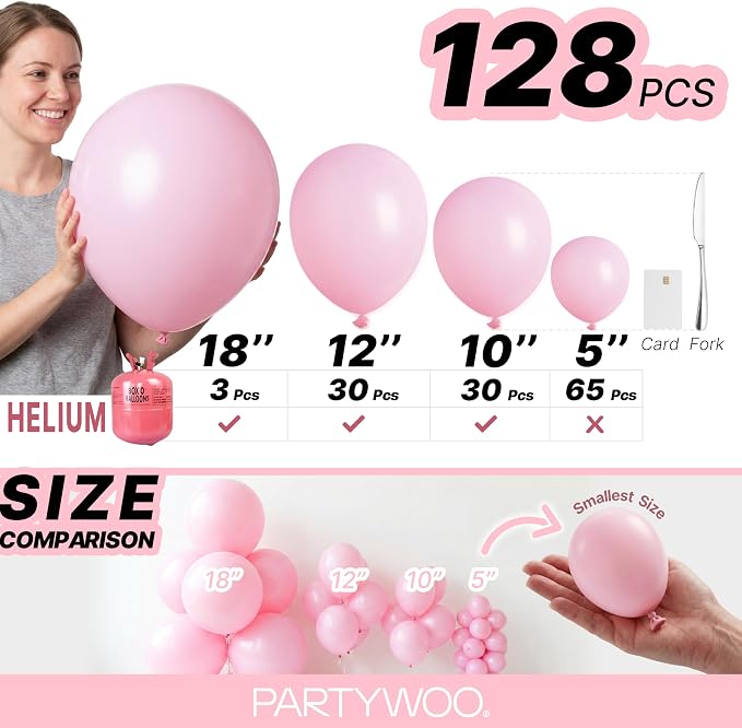 PartyWoo Baby Pink Balloons 128 pcs Different Sizes of 18 12 10 5 Inch Pastel - Image 6