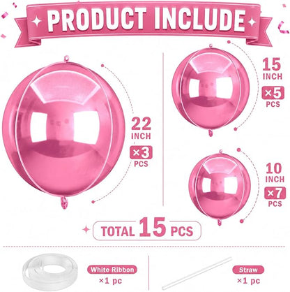 15 Pcs Pink Round Foil Balloons, 22/15/10 Inch 4D Ball Balloons Pink Ball - Image 2