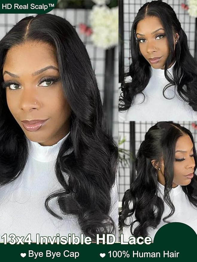KLAIYI HD Real Scalp Wig 13x4 Lace Frontal Human Hair Wig Loose Body Wave with Face Framing Curtain Bangs Pre Everything Glueless 3S Wear and Go Precut Lace Pre Plucked Pre Bleached 180%Density 24Inch