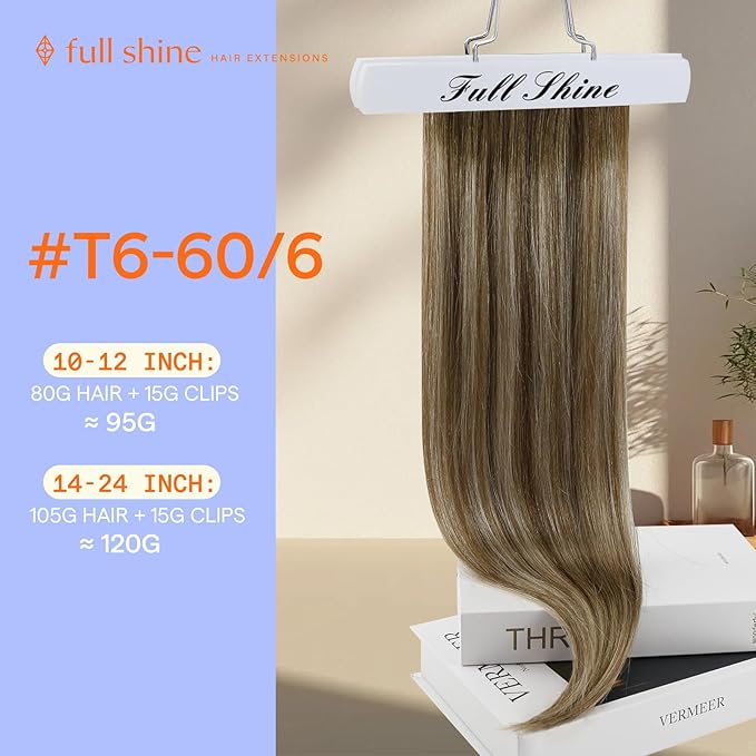 Full Shine Clip in Balayage Hair Extensions 24 Inch Human Hair Extensions Clip ins Seamless 7 Pcs 120 Grams Real Human Hair Clip in Extensions Natural Ends