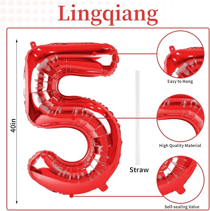 40 Inch Red Large Numbers Balloons 0-9, Self Inflating Foil Number 5 Helium - Image 2
