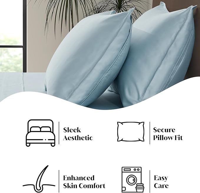 Luxury Bamboo Market |King Envelope Pillowcase Set | 100% Viscose Made from Bamboo | Organically Grown | Ultra Soft | Cooling | 2pcs [Spa Blue]
