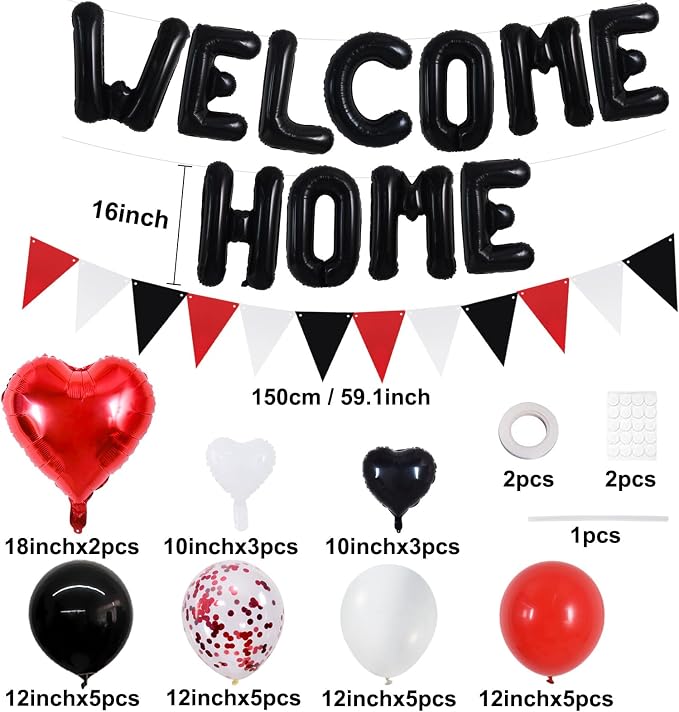 TONIFUL 16" Black Red Welcome Home Balloons Banner Housewarming Party Decor | - Image 2
