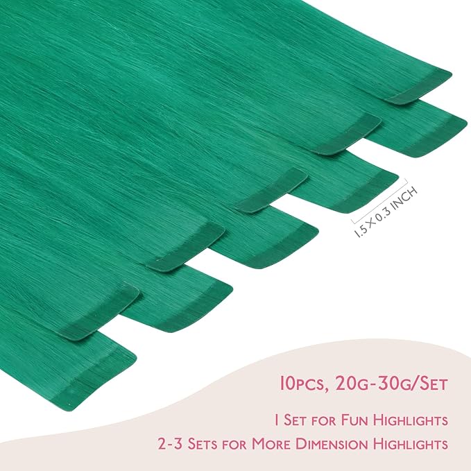 Wennalife Tape in Hair Extensions Human Hair Green Tape in Extensions, 10pcs 25g 14 inch Remy Invisible Tape Ins Straight Colored Soft Real Human Hair Tape in Extensions Refill Set Extensions