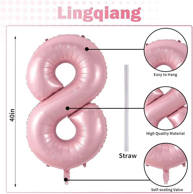Pastel Pink 8 Balloons, Self Inflating Digit 8 Balloons - Image 2