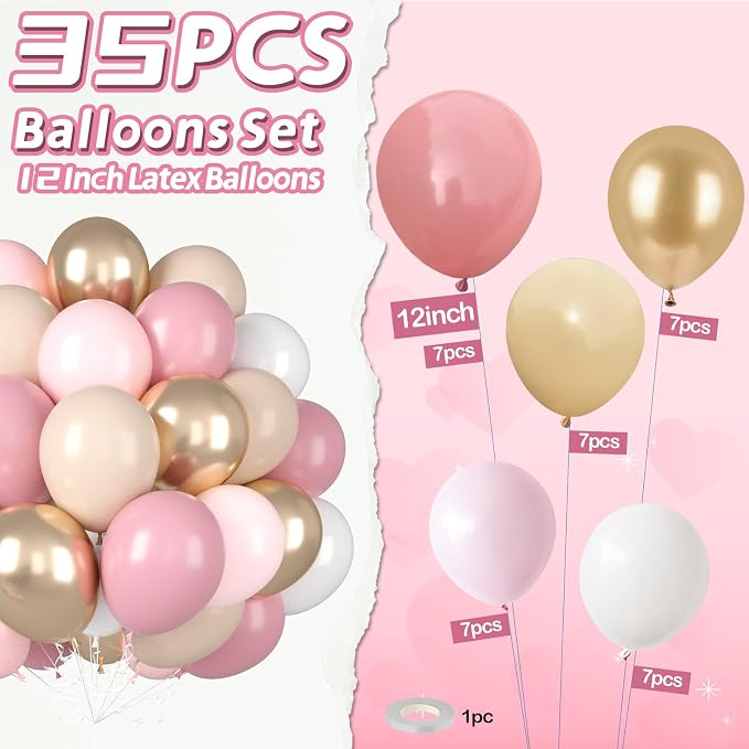 Dusty Pink Gold Balloons, 12 Inch Pastel Pink Metallic Gold Balloons - Image 2