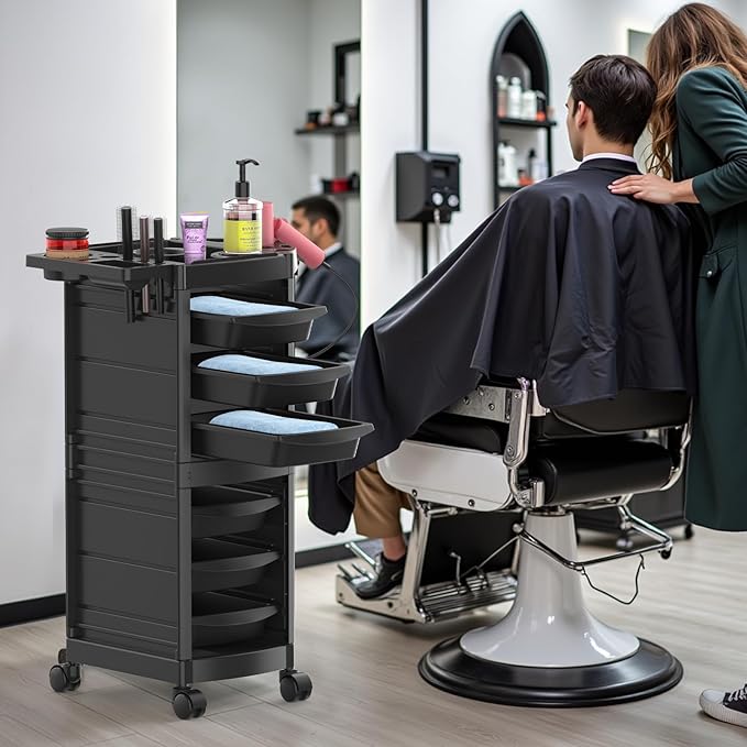 7-Layer Salon Trolley Cart with 6 Drawers, Professional Salon Rolling Cart with Wheels for Hair Stylist, Portable Barber Station with Extra Storage Space for Tattoo, Barber