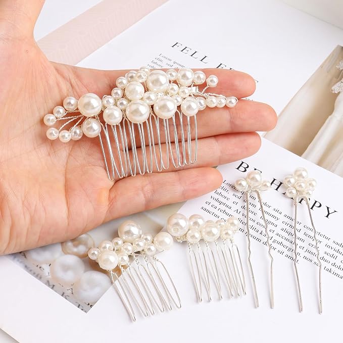 Pearl Hair Combs and Hair Pins for Bridal Women, Decorative Hair Accessories for Wedding Prom, Set of 5 (Silver)