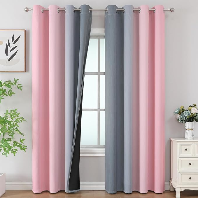 Pink and Grey Ombre Blackout Curtains 90 Inches Long 2 Panels Set, Thermal by ESTELARTEXTILER