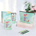 Personalized Gifts Monogrammed Birthday Gifts for Women, Daughter Bestie Friendship Christmas Initial 20 oz Tumbler, Makeup Bag Cup Ballpoint Pens Journal Notebook 6 Set, (Aesthetic Green Flower E)