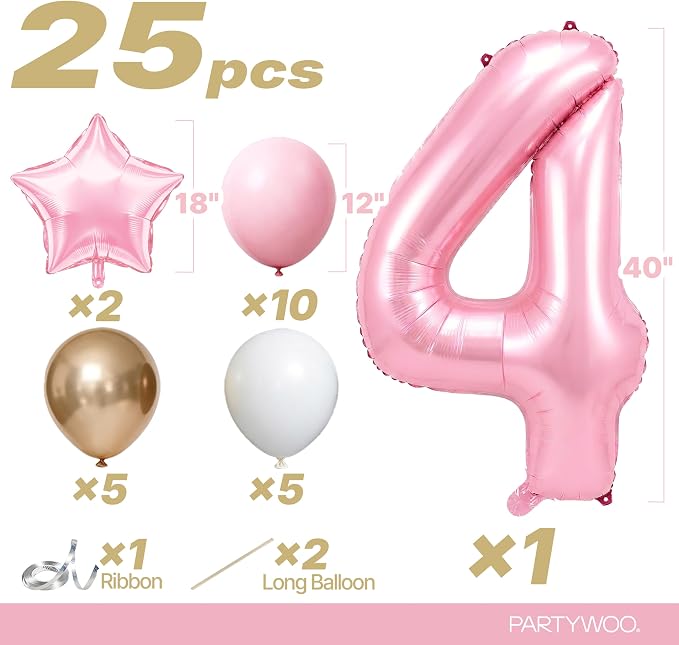 PartyWoo Number Balloons 40 Inch Pink Number 4 Kit 25pcs - Image 2