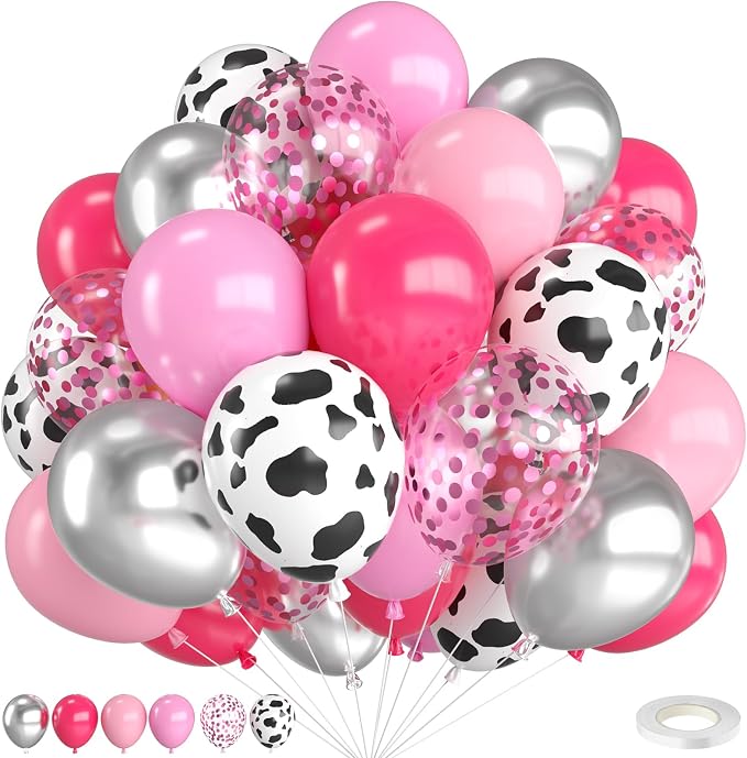 Cowgirl Balloons, 12 Inch Cow Print Hot Pink Light Pink and Silver Balloons by FunHot