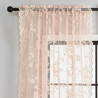 SEEKRIGHT Blush Pink Lace Curtains 63 Inch Length 2 Panels Set Victorian Floral - Image 4