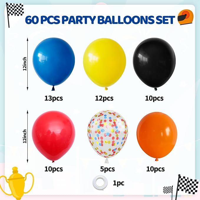Biapian Race Car Balloons Set, 12 Inch Colorful Confetti Royal Blue Red Yellow - Image 2
