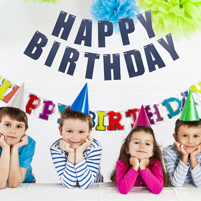 MEETINGU Happy Birthday Banner, Dark Blue Happy Birthday Bunting Banner - Image 3