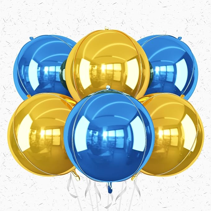 6Pcs Blue Gold Round Foil Balloons, Giant 4D Round Ball Balloon, 22 Inch by Adorely