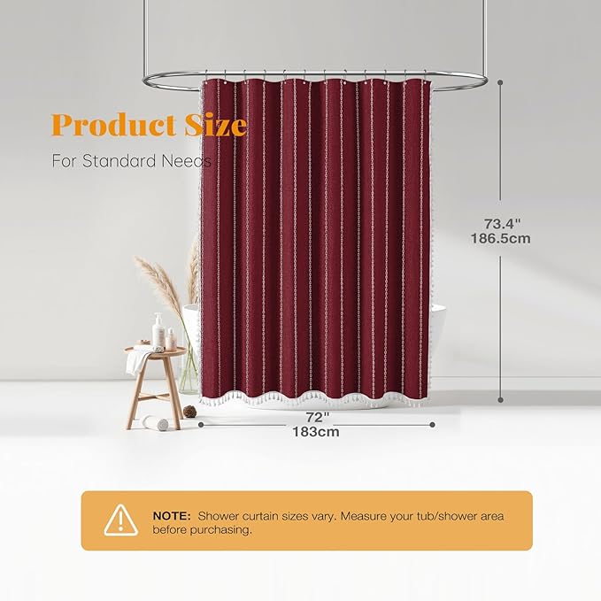 Burgundy Cream Boho Farmhouse Linen Heavy Duty Shower Curtain, 72x72 | 330GSM - Image 7