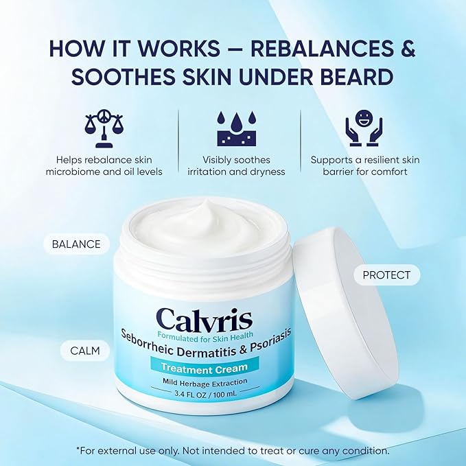 Calvris Scalp & Beard Comfort Cream – Steroid-Free Botanical Formula with Kudzu Root, Goldthread & Jojoba Extract for Dry, Flaky or Sensitive Skin, Cooling Non-Greasy Texture, 3.4 fl oz (1)