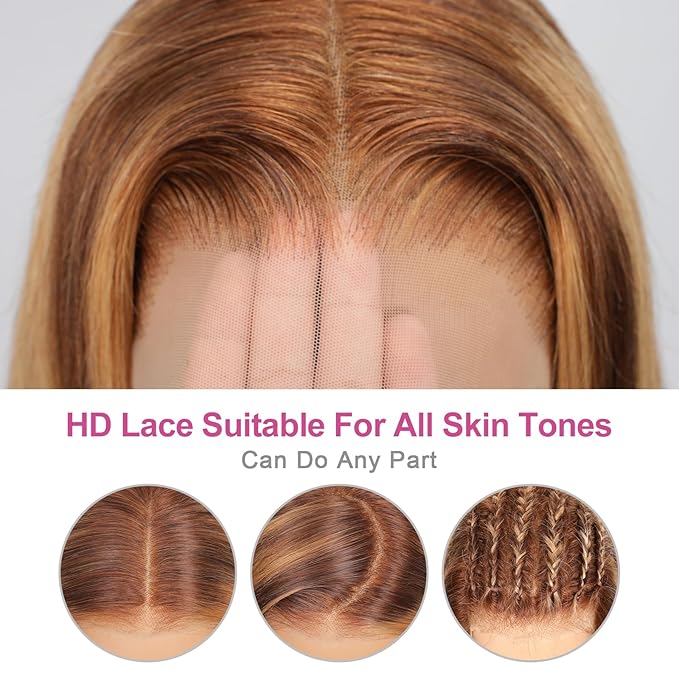 210% Density 13x6 Highlight Ombre Full Lace Frontal Bob Wig Human Hair 12A Brazilian Virgin Human Hair Pre Plucked 4/27 Honey Blonde HD Transparent Lace Glueless Wigs Human Hair 10 Inch