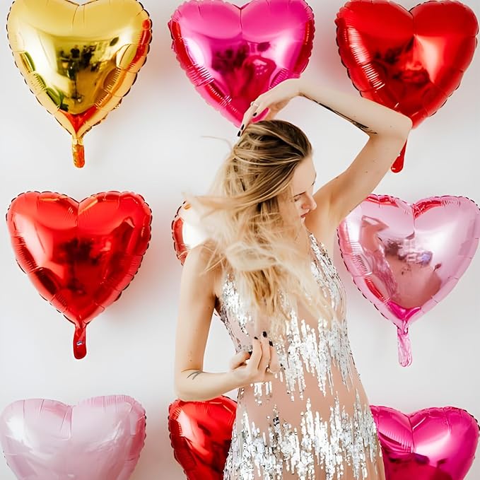 Pink Heart Balloons, 18inch Bright Pink Heart Shaped Foil Balloons & Pastel - Image 5