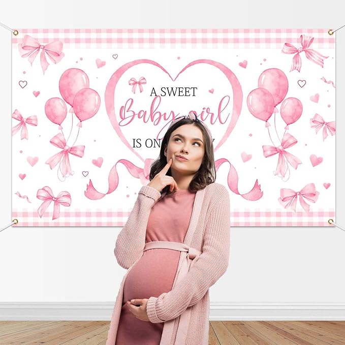 Mocsicka Pink Bow Baby Shower Banner Backdrop - Image 5