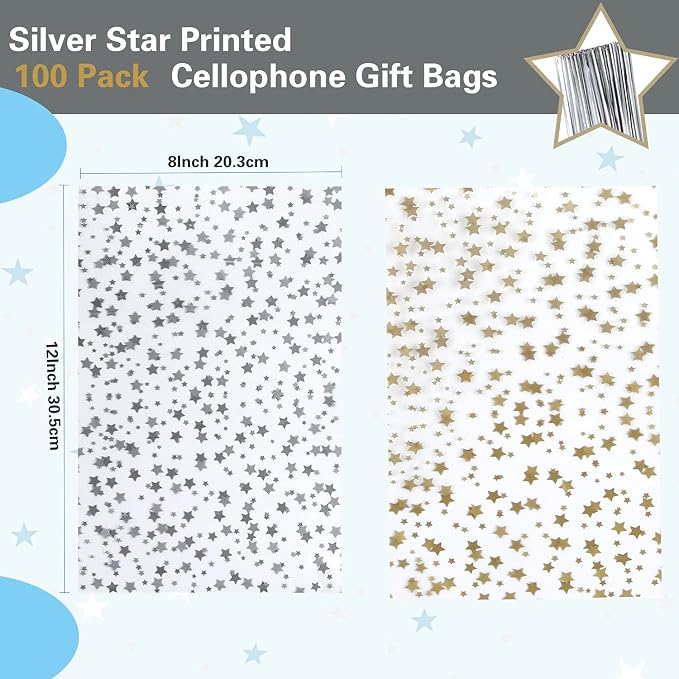 100 Pcs Star Printed 8"X 12" Gift Wrap Cello Cellophane Treat Bags Party Favor - Image 2