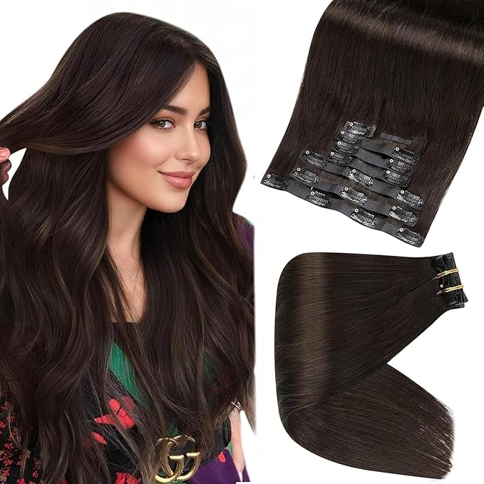 Full Shine Seamless Clip in Hair Extensions Human Hair Brown Remy Hair Extensions Clip in Darkest Brown Straight Natural Hair Extension for Women 12 Inch 8 PCS 95 G