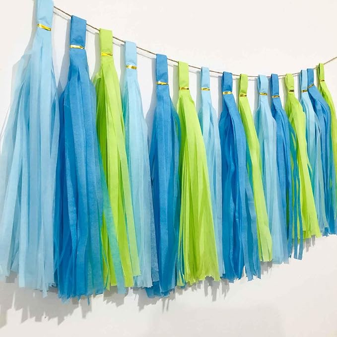 We Moment Green Blue and Light Blue Tissue Paper Tassels Party Tassel Garland - Image 2