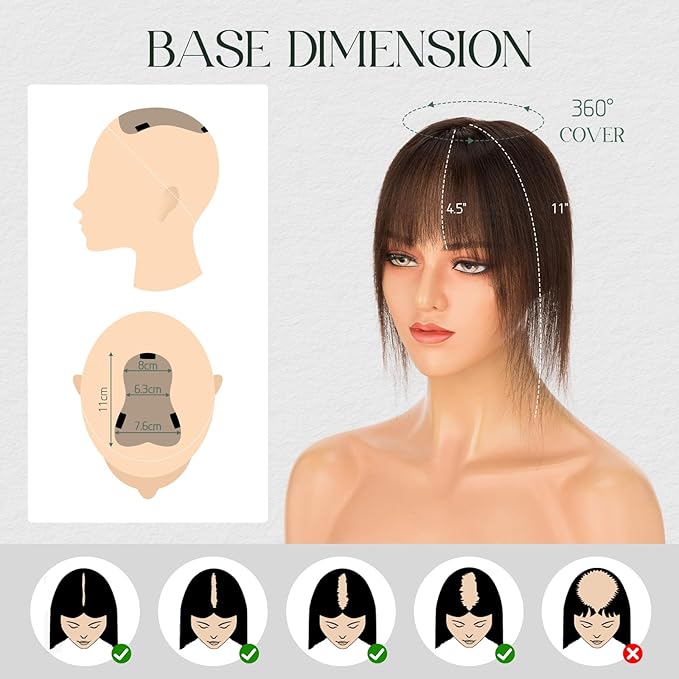 Hairro Real Hair Toppers For Women With Thinning Hair Human Hair Clip In Topper 3D Bangs Hair Clip Handmade Short Toupee Hairpiece With Air Bangs French Bang 11 Inches 21g #02 Dark Brown