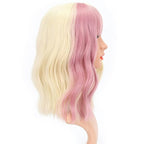 FAELBATY Short Blonde Wig Highlight Pink Wigs With Bangs Women's Blonde Mixed Pink Bob Wig Curly Wavy Synthetic Cosplay Wig Shoulder Length Wig for Girl's Costume Wigs(12" blonde mixed pink)