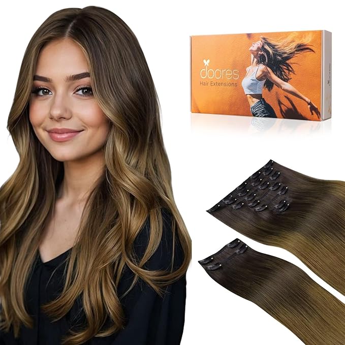 DOORES Clip in Hair Extensions, Chocolate Dip Color Melt 24 Inch 150g 9pcs, Remy Hair Extensions, Human Hair, Natural Straight Thick