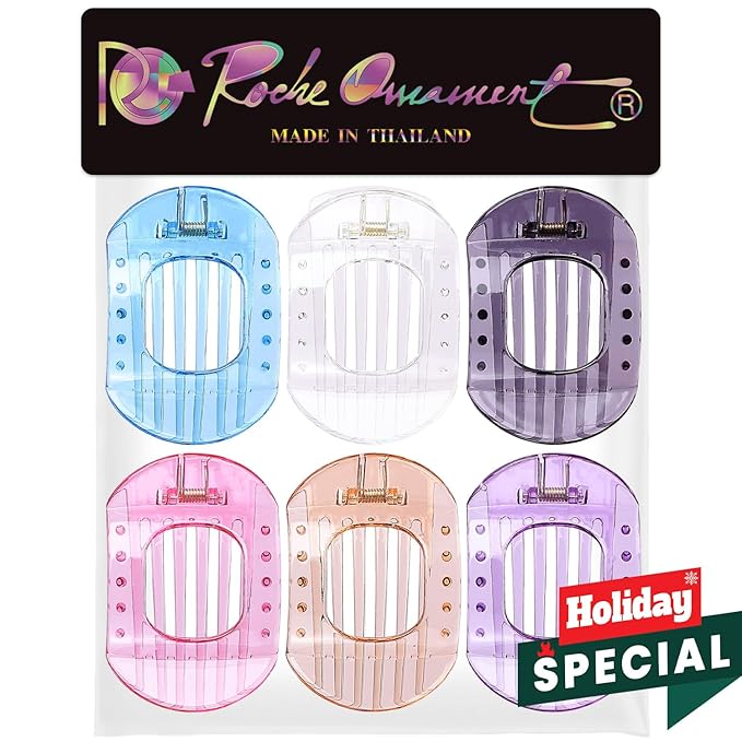 RC ROCHE 6 Pcs Flat Claw Hair Clips for Women Thick Hair French Round Duckbill Square Secure Strong Hold Grip Clamps Barrettes Curved No Slip No Crease Plastic Styling Cute, Medium Transparent