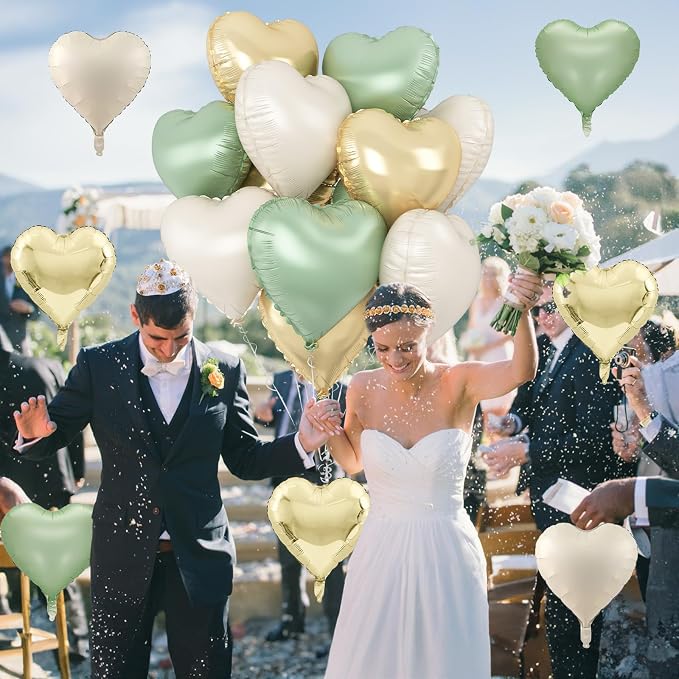 Sage Green Gold Heart Balloons, 18Inch Green Cream White Heart Helium Foil - Image 4