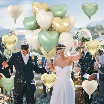Sage Green Gold Heart Balloons, 18Inch Green Cream White Heart Helium Foil - Image 4
