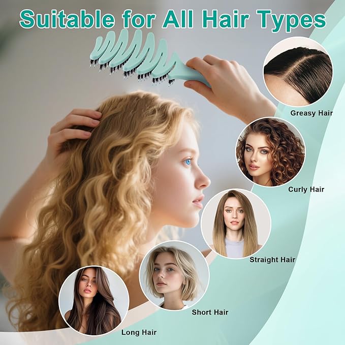 Enhanced Hair Brush - Tailored for Every Hair Type! Detangling with Durable Boar Bristles, Vented & Curved Paddle for Scalp Massage, Aqua