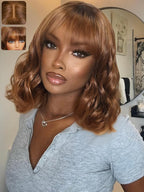 KLAIYI Brown Bob Wig Human Hair with Bangs Loose Body Wave Glueless 4x2 HD Transparent Lace Closure Chestnut Chocolate Brown with Highlight Blonde Ready to Wear and Go Beginner Wigs Pre Plucked 14Inch