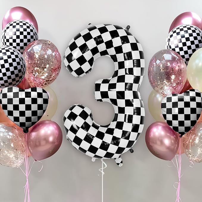 Checkered Number 3 Balloon 40 Inch, Large Foil Black and White Number Balloons - Image 2